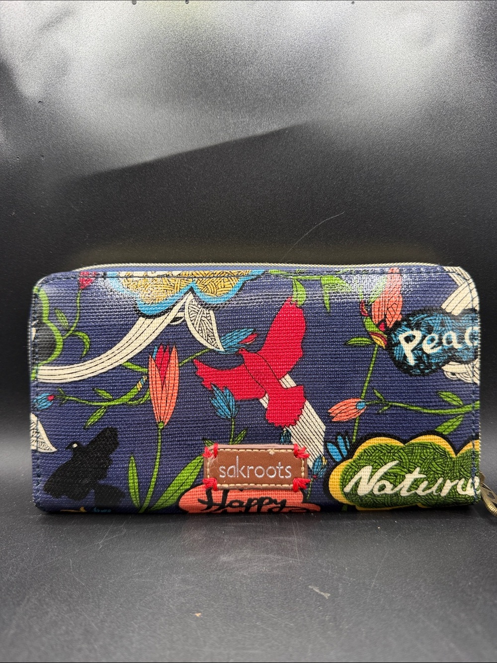 Sakroots Navy Floral Zip-Around Wallet with Red Bird and Multicolor Accents